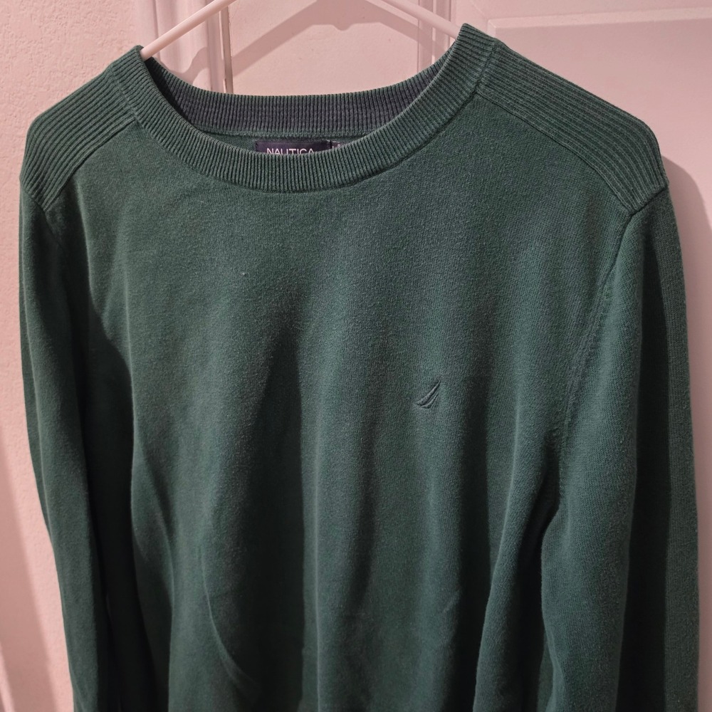 Nautica Mens Forest Green 100% Cotton Crewneck Sweater Ribbed Shoulder Large